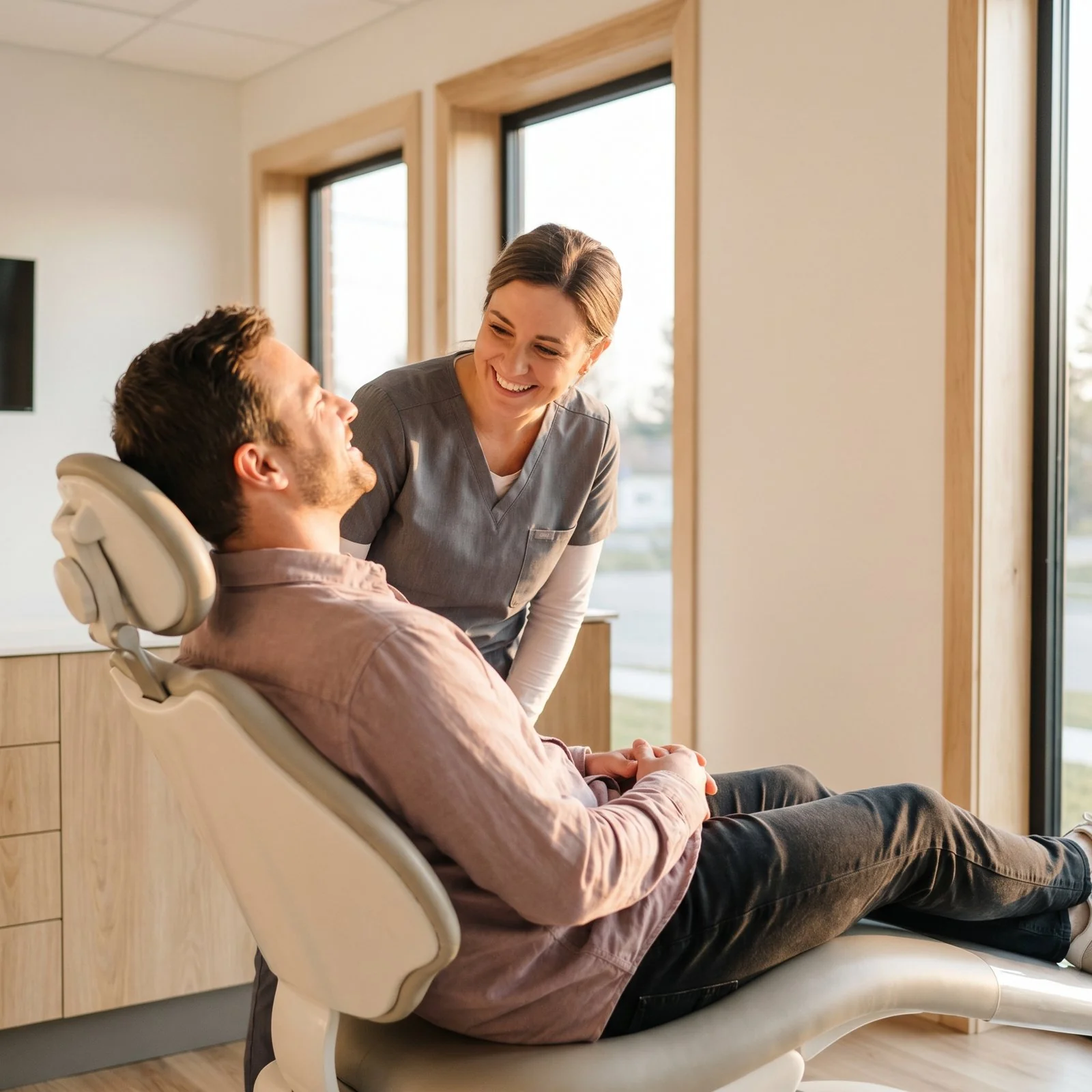 Dentist alături de pacient relaxat pe scaunul stomatologic